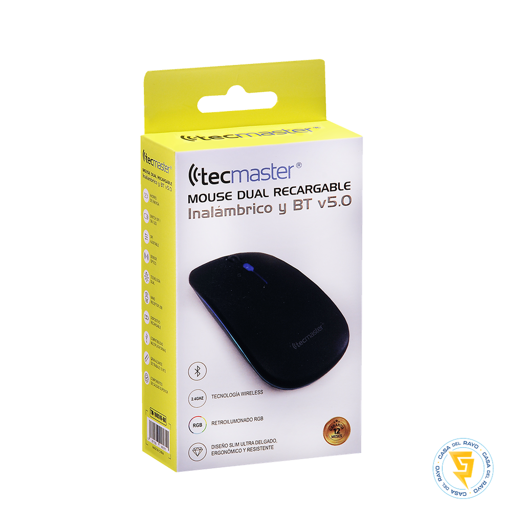 MOUSE DUAL RECARGABLE INALAMBRICO USB Y BT V5.0 NEGRO TECMASTER