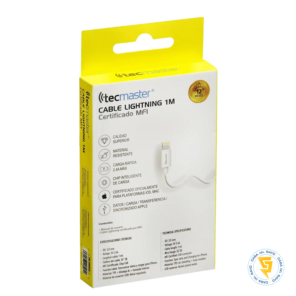CABLE USB LIGHTNING 1M CERTIFICADO TECMASTER