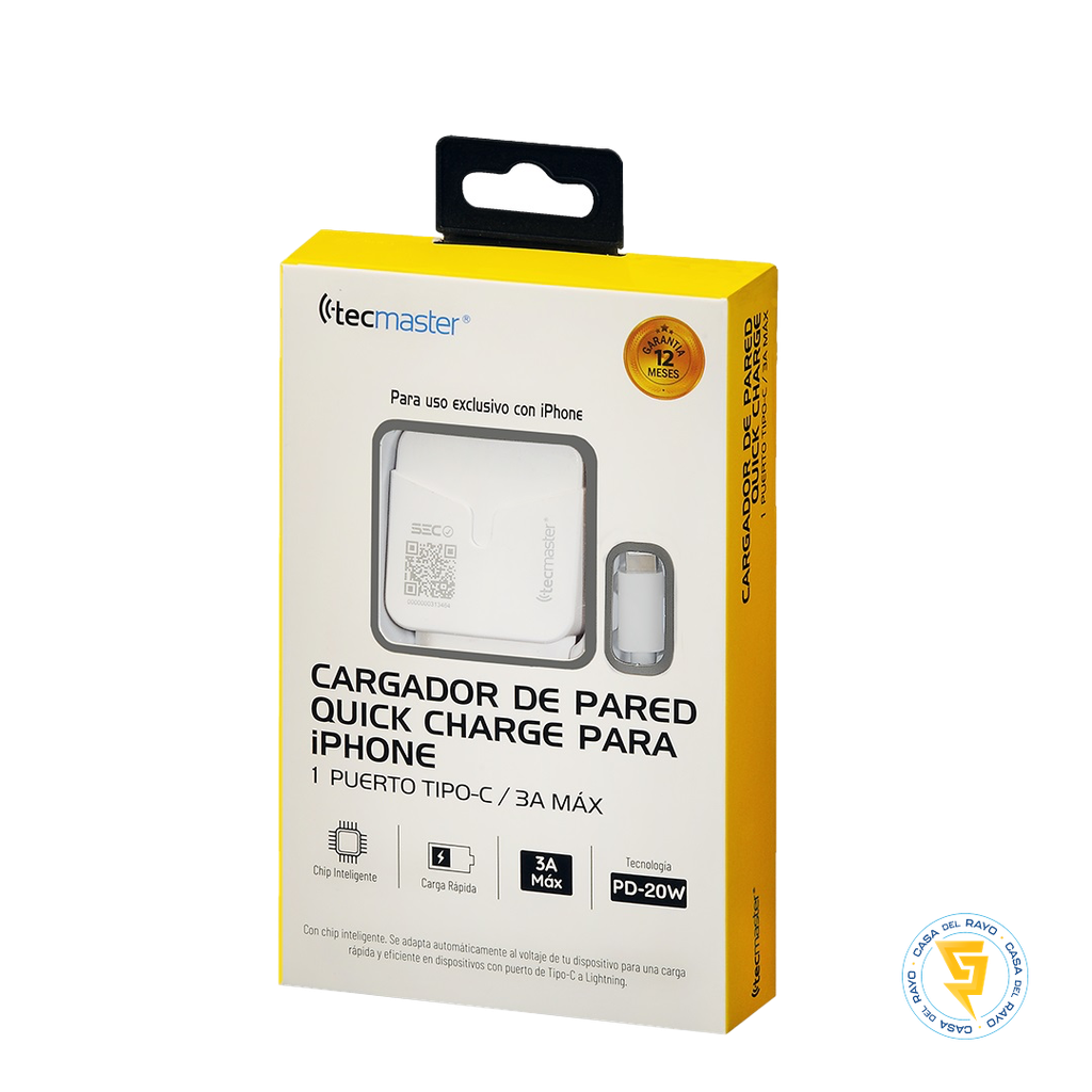 CARGADOR DE PARED PARA IPHONE QUICK CHARGE TIPO C 3A TECMASTER