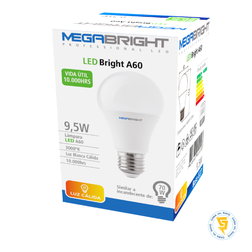 Ampolleta LED A60 CLASICA 9W/70W E27 3.000K MEGABRIGHT