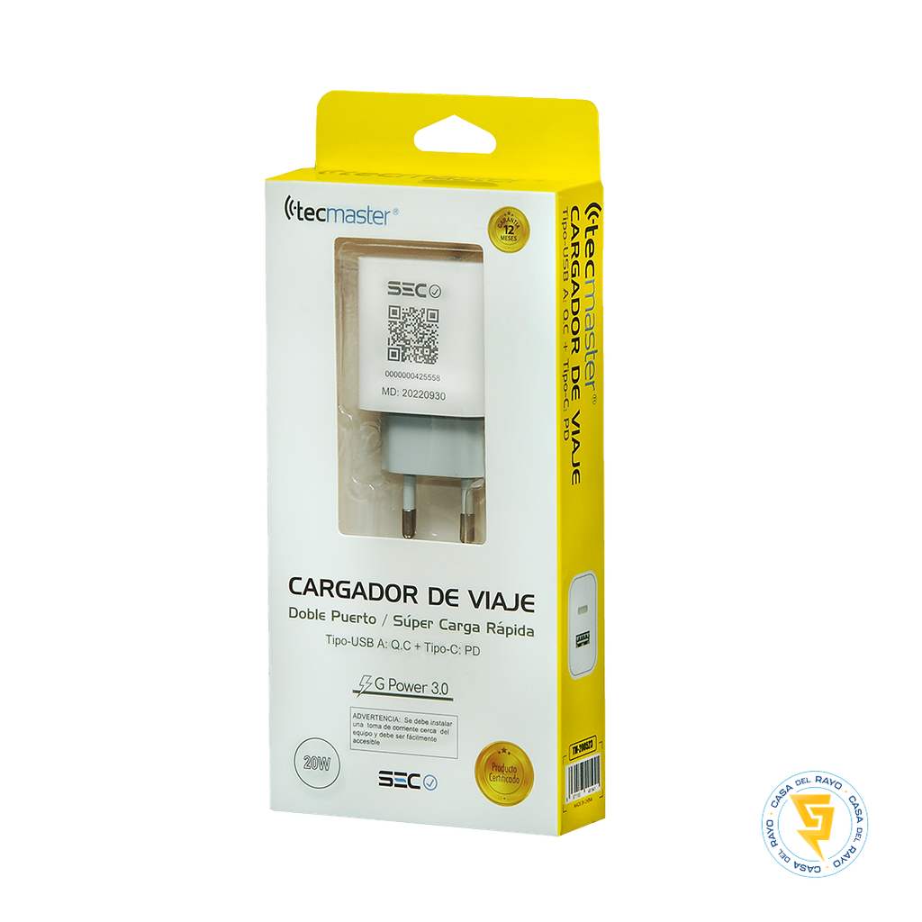 CARGADOR DE PARED DOS PUERTOS USB-C + USB-A TECMASTER