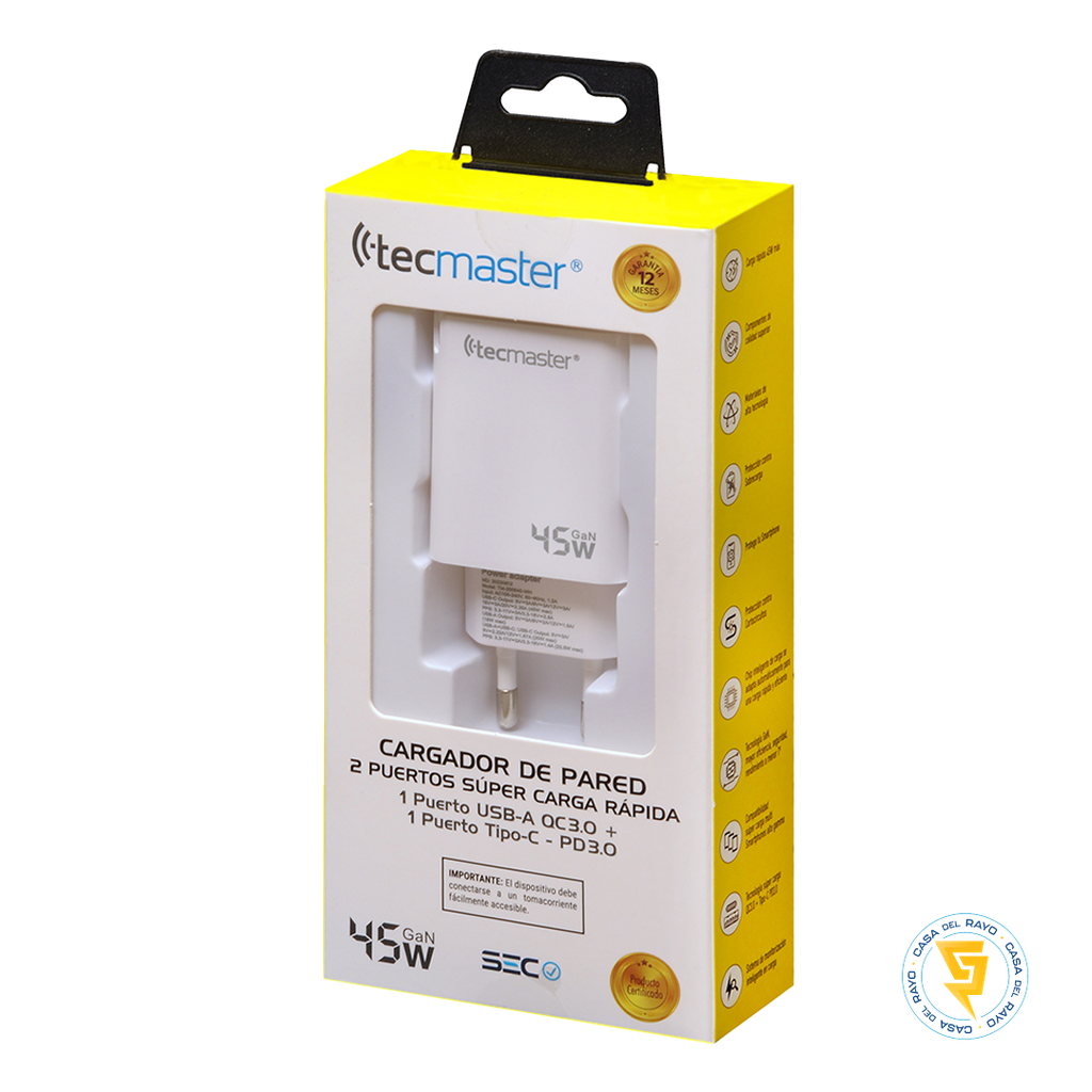 CARGADOR DE PARED ENTRADA DOBLE USB-C + USB-A 45W TECMASTER