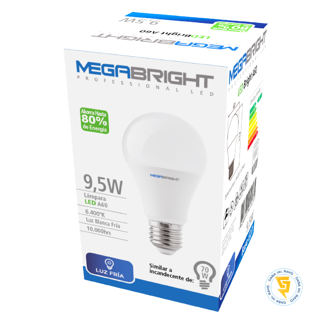 Ampolleta LED A60 9,5W/70W E27 6.400K MEGABRIGHT