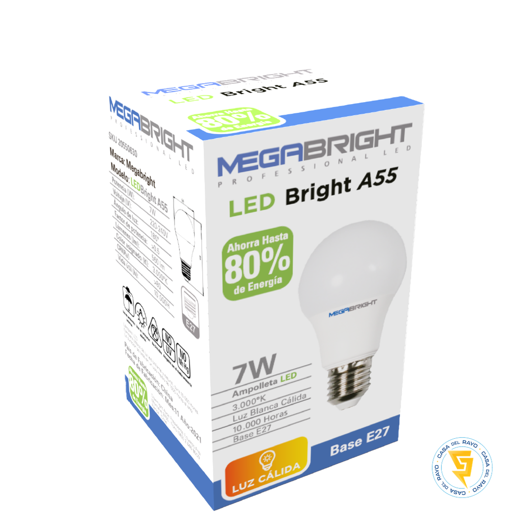 AMPOLLETA LED A55 7W/50W E27 MEGABRIGHT 3.000K