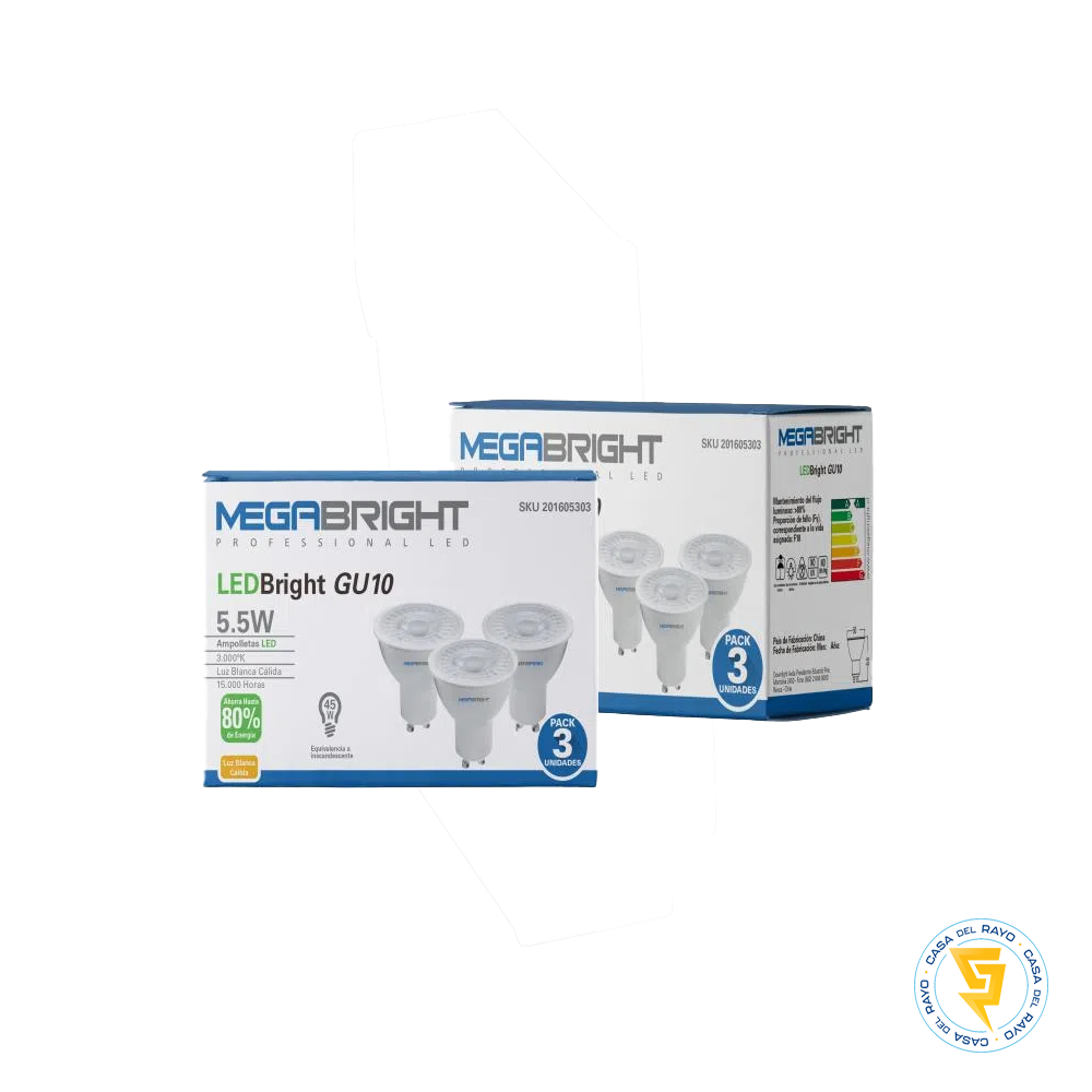 PACK 3 AMPOLLETAS LED GU10 5.5W 3000K° MEGABRIGHT