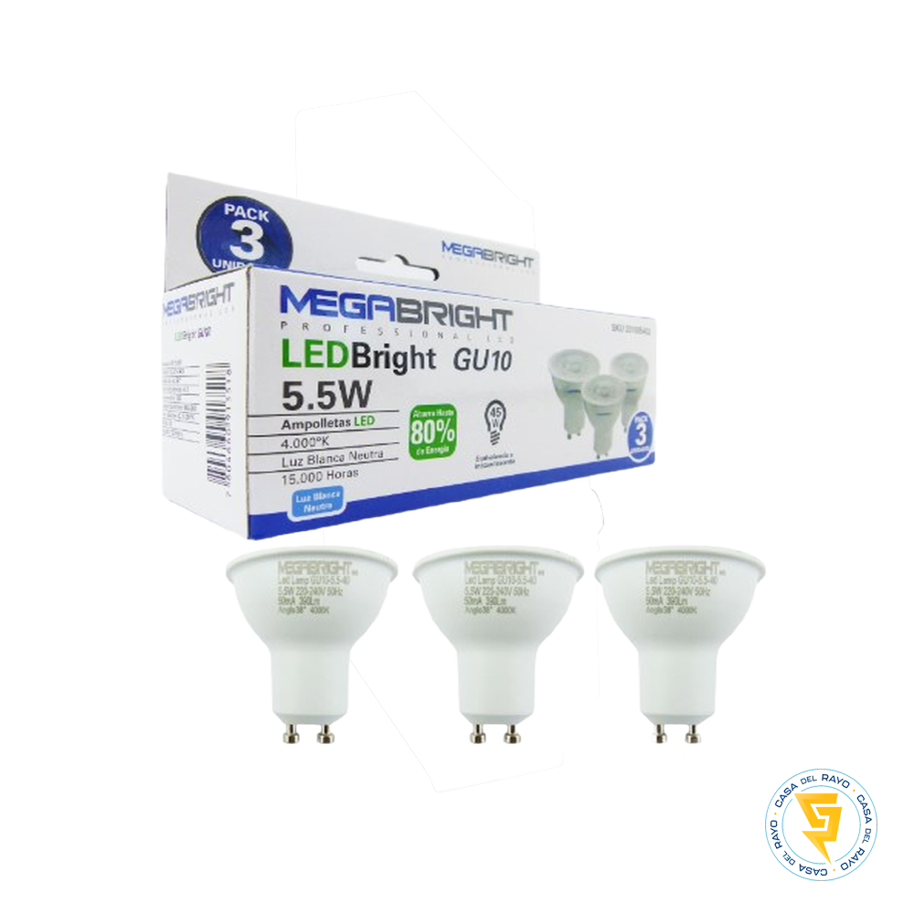 AMPOLLETAS LED GU10 5.5W 4000K° PACK 3 UNIDADES MEGABRIGHT