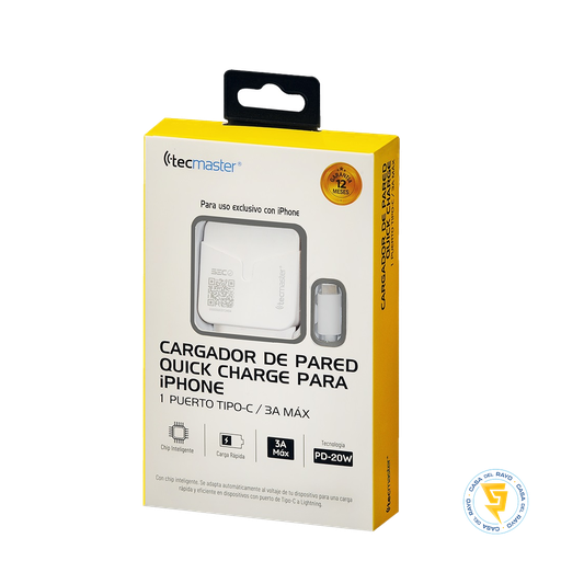 [TM-200515-WH-C] CARGADOR DE PARED PARA IPHONE QUICK CHARGE TIPO C 3A TECMASTER