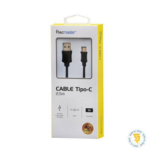 [TM-200518-BK] TECMASTER CABLE TIPO C A USB 2,5 MTS COLOR NEGRO