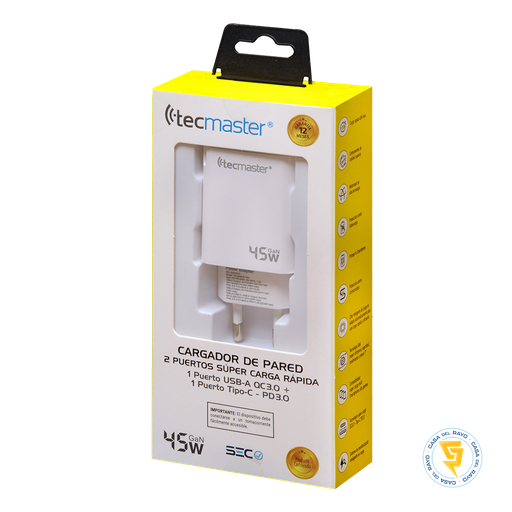[TM-200540-WH] CARGADOR DE PARED ENTRADA DOBLE USB-C + USB-A 45W TECMASTER