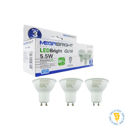 [201605403] AMPOLLETAS LED GU10 5.5W 4000K° PACK 3 UNIDADES MEGABRIGHT