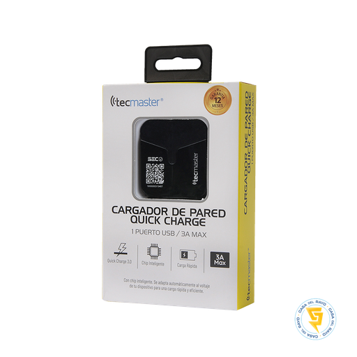 [TM-200514-BK] CARGADOR DE PARED USB 3A QUICK CHARGE TECMASTER