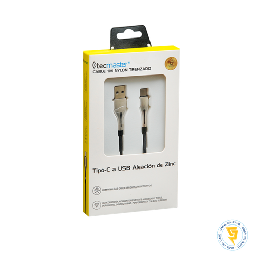 [TM-200528] TECMASTER CABLE NYLON TRENZADO USB TIPO USB-C 1M 3.1A ALEACIÓN DE ZINC