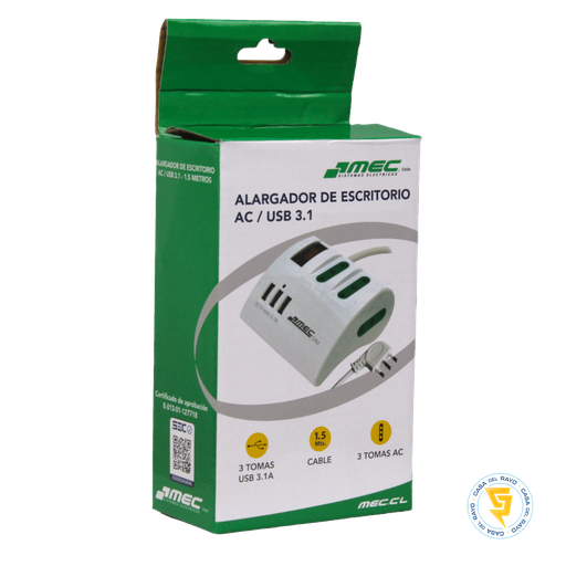 [0700EE4306] ALARGADOR MULTIPLE  DE ESCRITORIO 1.5M 2P+T 10A USB 3.1 BLANCO MEC